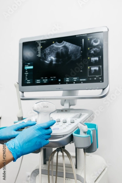 Fototapeta Close-up of a doctor's hands preparing an ultrasound probe before diagnosis. The concept of professionalism and precision in modern medical technology.