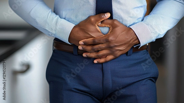 Obraz Experiencing discomfort, man holds his stomach in formal outfit, Living with IBS Concept.