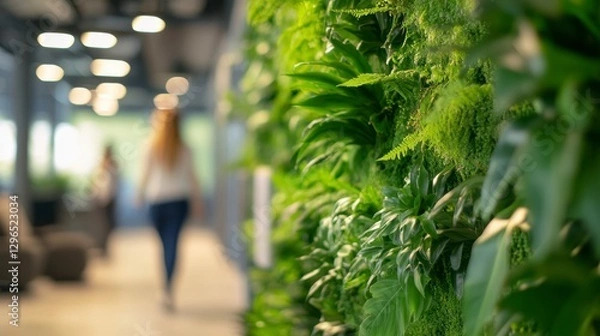 Fototapeta Lush Indoor Plant Wall with Soft Focus in Modern Office Environment