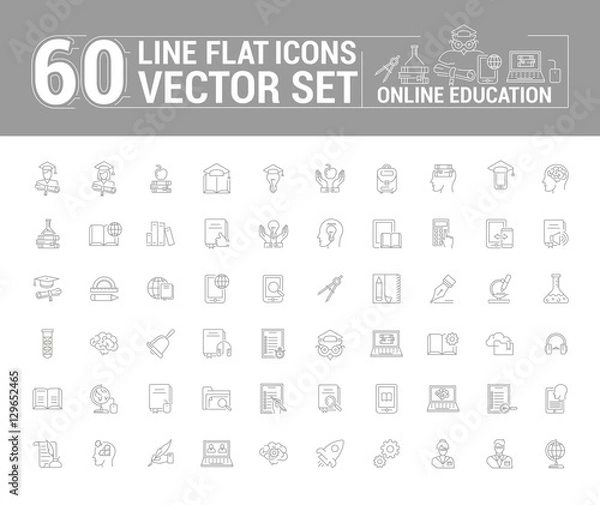 Fototapeta Vector graphics set. Online education. Distance learning. Internet training student. Concept home schooling in inear, contour, thin, flat, design. Element, emblem, symbol, icon, sign, for web site.
