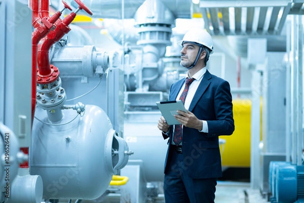 Obraz Professional inspecting industrial facility equipment while holding a tablet and wearing a hard hat during work hours