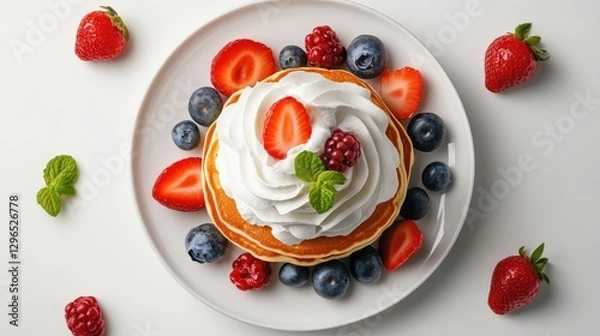 Fototapeta A top-down view of a plate of pancakes with whipped cream and berry compote, modern composition with negative space.