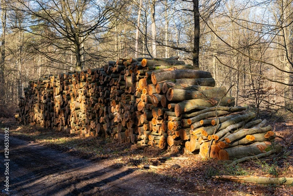 Obraz Exploitation forestière. Rondins de bois stockés au bord d'un chemin forestier en forêt domaniale. Pins sylvestre