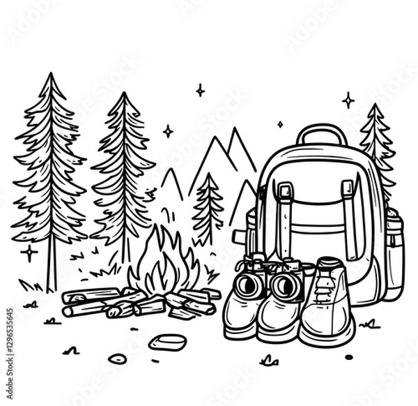 Obraz Vibrant backpack and cozy campfire surrounded by the lush greenery of the woods