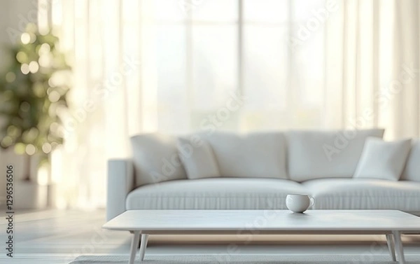 Obraz 3D rendering of a blurred living room interior with a white sofa and coffee table in the background, a bookcase with books and a potted plant. Minimalist home decor design.