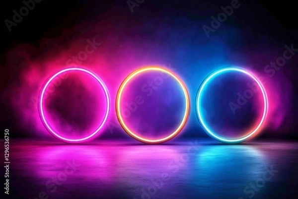 Fototapeta Vibrant neon circles illuminating a smoky stage with colorful reflections