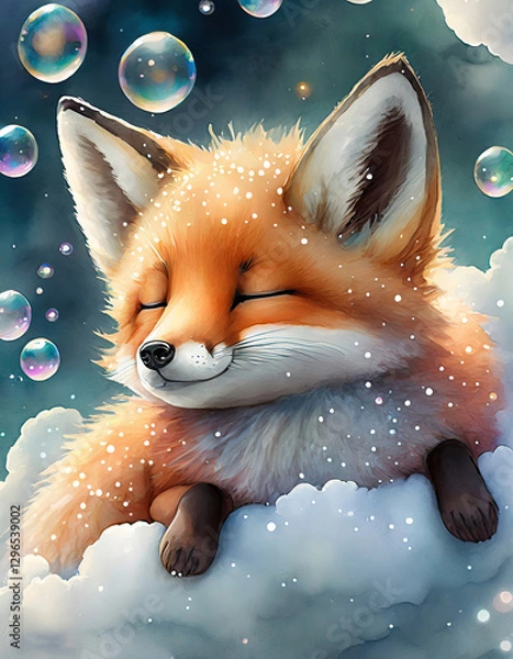 Fototapeta Firefly Watercolor baby fox sleeping on a white cloud, soap bubbles background. Cute funny character. Foxy Animal art. Watercolor illustration. Generative AI