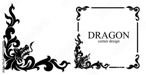 Fototapeta Dragon corner design with ornament. Vector black and white ornamental dragon design element. Decorative corner design