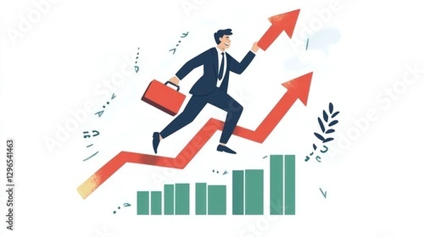Fototapeta Businessman leaps success arrows, holding briefcase, up green bar graph in a business setting