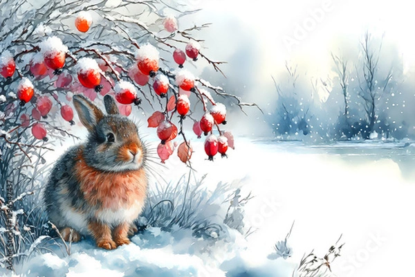 Obraz Little rabbit under the frozen rosehip bush watercolor drawing, Christmas card.