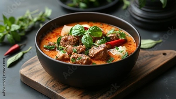Obraz Delicious and Rich Thai Red Curry with Fresh Herbs and Tender Meat in a Dark Bowl on Wooden Board