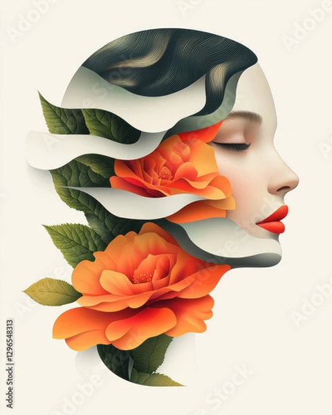 Fototapeta Dreamlike bust portrait merging delicate floral lines with swirling geometric forms, muted color