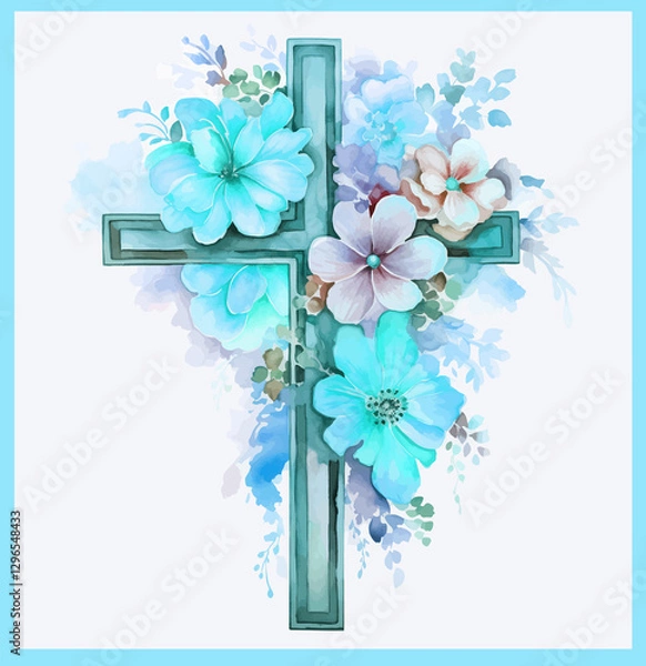 Fototapeta Easter cross with watercolor flowers on a white background and turquoise frame. Religious floral illustration for Easter. Christian, Baptism, and First Communion Designs.