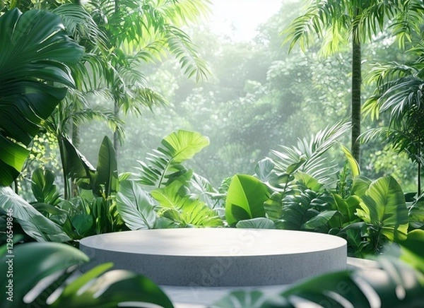 Fototapeta 3D rendering of a marble podium with tropical leaves on a green and beige background for product presentation, mock-up design template, empty space for text