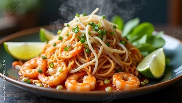Fototapeta A steaming plate of Pad Thai with shrimp peanuts bean sprouts and lime wedges.
