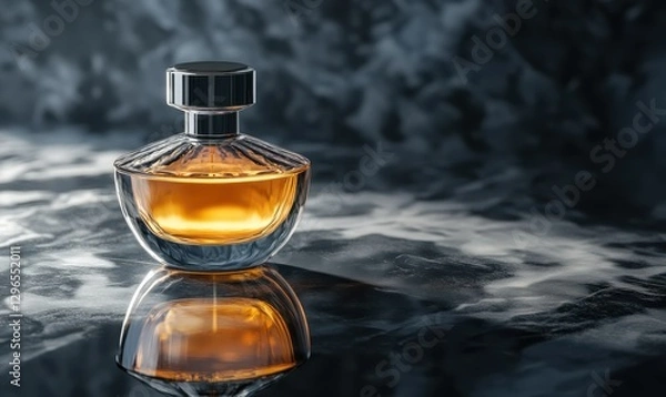 Fototapeta Elegant perfume bottle resting on a reflective marble surface, illuminated softly to highlight its sleek and modern design