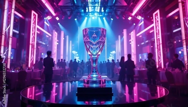 Fototapeta Shiny Trophy on a Table with Colorful Lighting and Silhouetted Guests in a Modern Event Space