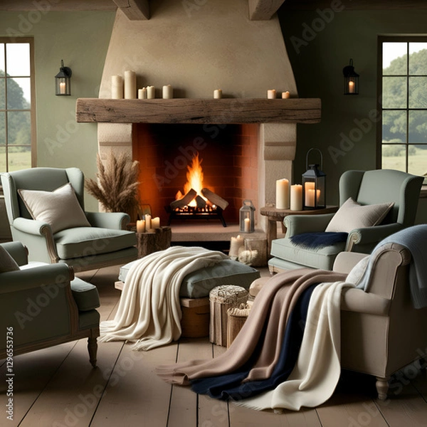 Fototapeta A warm and inviting living room with a stone fireplace, featuring comfortable armchairs and throws.