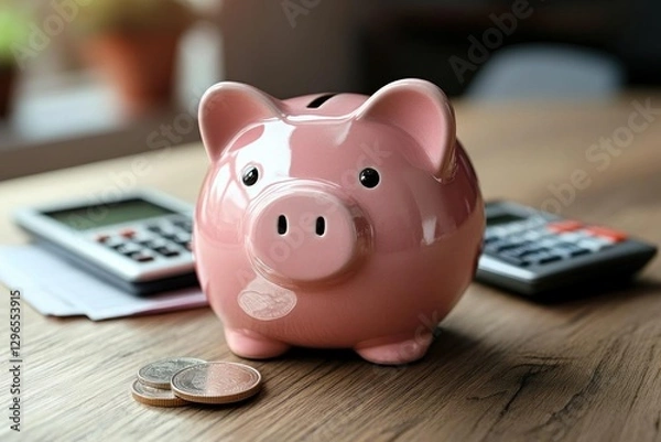 Obraz Saving Money: Piggy Bank, Coins, and Calculator