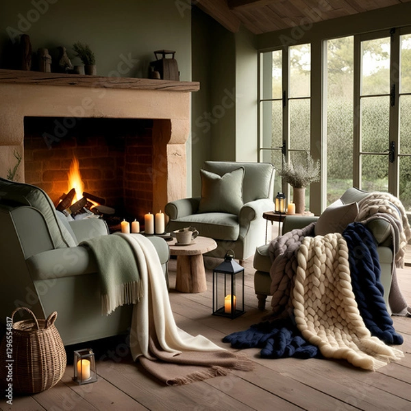 Fototapeta A warm and inviting living room with a stone fireplace, featuring comfortable armchairs and throws.