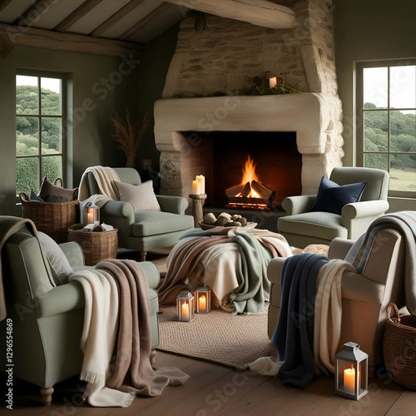 Fototapeta A warm and inviting living room with a stone fireplace, featuring comfortable armchairs and throws.
