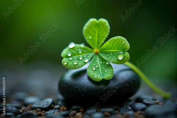 Fototapeta A beautifully detailed macro shot of a lucky four-leaf clover covered in tiny water droplets, resting on a smooth black stone, symbolizing purity, nature, and good luck.