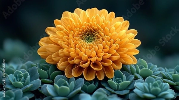 Obraz Vibrant yellow chrysanthemum flower blooming among succulent plants nature close-up serene environment macro view