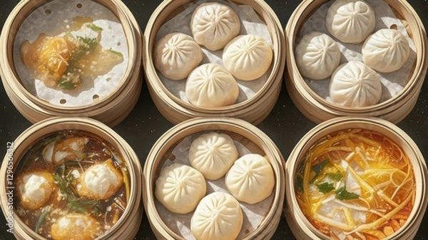 Fototapeta Freshly made dumplings arranged neatly on a wooden steamer, warm lighting