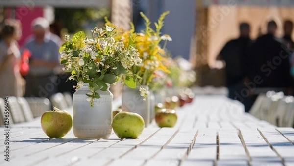 Obraz A white wooden table in the open air is decorated with bouquets of wild flowers and ripe apples. Autumn holiday, festival, outdoor food