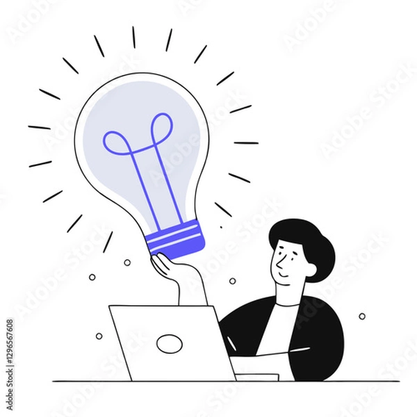 Fototapeta A person sits in front of a laptop, holding a large light bulb above their head. The image symbolizes innovative thinking and creative ideas in a work environment