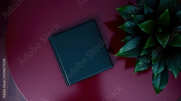 Fototapeta  Art photograph of a book on a table, leaves in a vase plant 