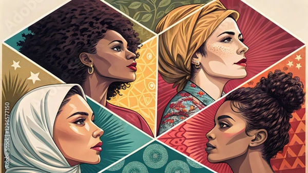 Fototapeta A mosaic of women's faces in different skin tones, hair textures, and styles, arranged in a geometric pattern.