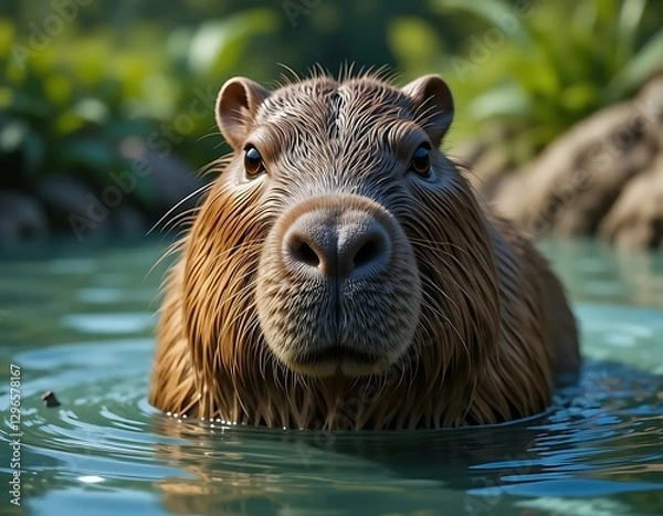 Fototapeta Capybara Portrait Swimming in Water with Close-up View and Lush Background