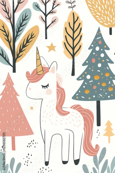 Fototapeta A hand-drawn illustration of a pastel-colored unicorn surrounded by stylized trees and stars. Concept of fantasy, magic, and children’s fairytale.