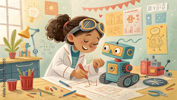 Fototapeta A young girl building a robot, surrounded by gears, circuits, and tools.