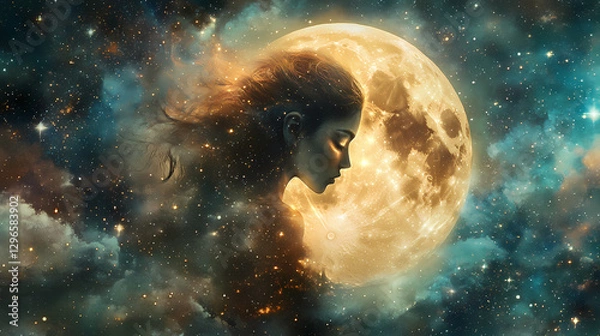 Fototapeta A mystical interpretation of a lunar eclipse with the moon depicted as a powerful goddess, surrounded by stars and ethereal light. ethereal. illustration. Ethereal Star Goddess. Illustration