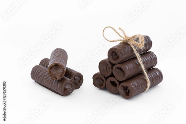 Fototapeta Sweet chocolate covered rolls - table arrangement, isolated on white background. Selective focus. Copy space.