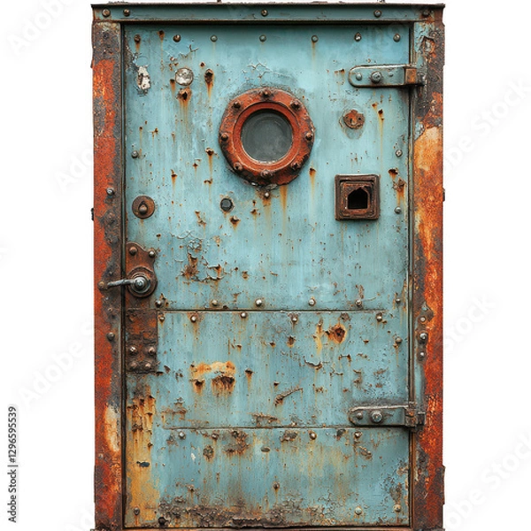 Fototapeta A factory exit door with heavy rust and dents isolated on white background.PNG