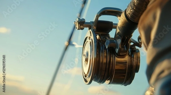 Obraz Close-up of fishing reel in golden sunlight on a clear day.