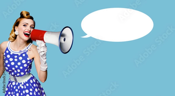 Fototapeta Ad image - happy pin up cute woman shout mega phone megaphone advertisement. Pinup girl in dress, gloves advertise, use loudspeaker bullhorn. Isolated plain blue background with empty speech bubble.