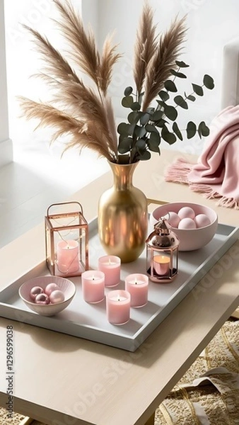 Obraz Romantic style coffee table decor featuring a light gray wooden trat, a gold vase and pink candles