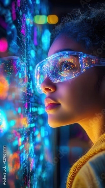 Obraz Students in a STEM lab, working with holographic science models and digital tools, STEM education, Futuristic, Bright and detailed