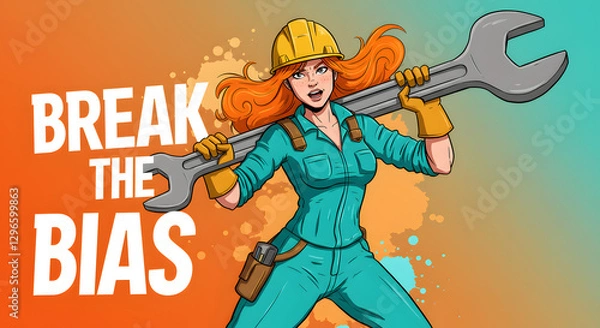 Fototapeta An illustration of a woman in a construction helmet, holding a wrench, with a 'Break the Bias' slogan
