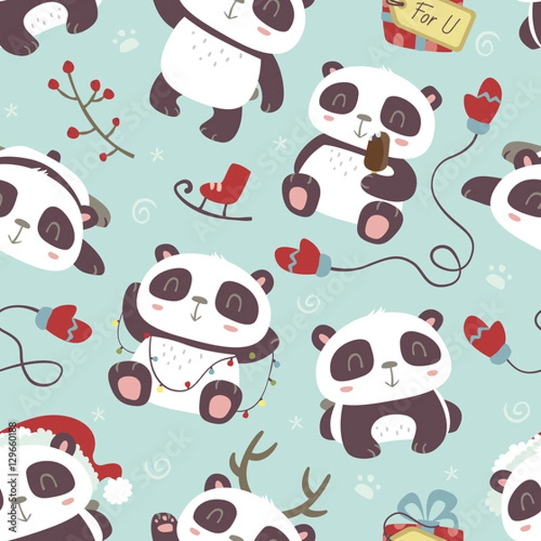 Obraz vector cartoon style cute christmas panda seamless pattern