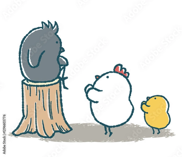Obraz ゆるいにわとりとひよこはカラスに拝む
