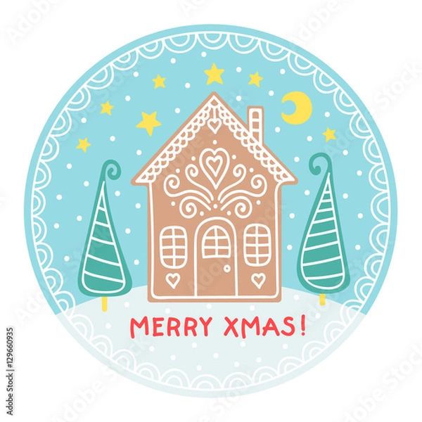 Fototapeta Merry Xmas! Vector hand drawn winter ball with flat gingerbread house, christmas tree, snow, stars and moon. Flat winter elements with white doodle ornament. Isolated. On white background.