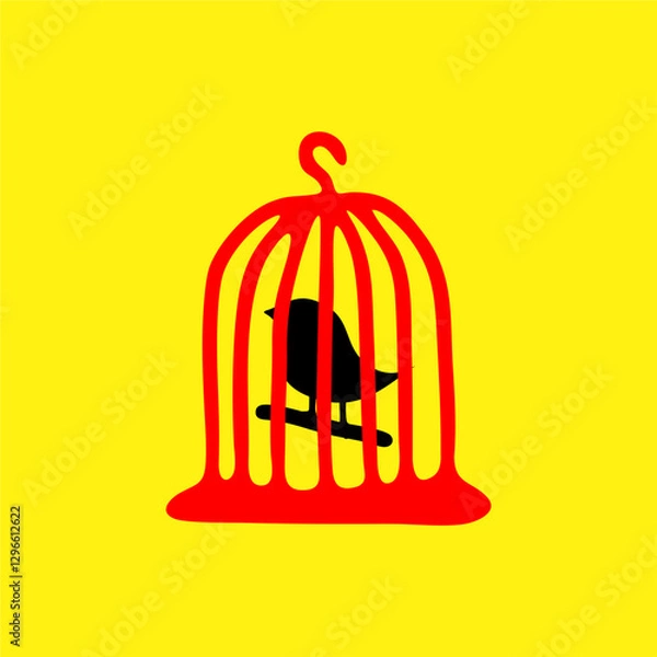 Fototapeta Minimalist Caged Bird Illustration in Bold Colors. A striking vector illustration of a black bird inside a red cage on a vibrant yellow background, symbolizing freedom, confinement, and creativity in 