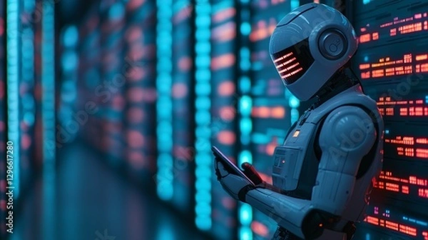Fototapeta A cinematic shot of a user interacting with an AI chatbot on a smartphone, typing a query, futuristic customer support interface, soft lighting, high-tech digital display, hyper-detailed realism