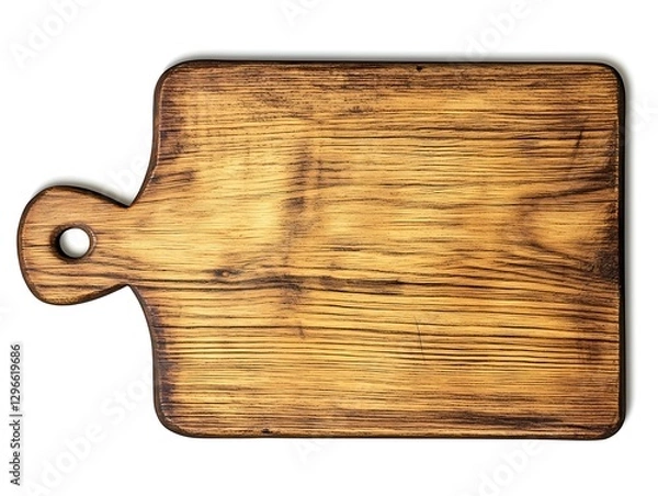 Fototapeta Rustic Wooden Cutting Board: An overhead shot of a rectangular wooden cutting board with handle, showcasing its natural wood grain and texture, perfect for culinary creations.