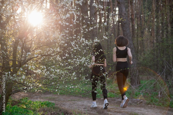Fototapeta Two women jogging through a flowered forest path at sunset